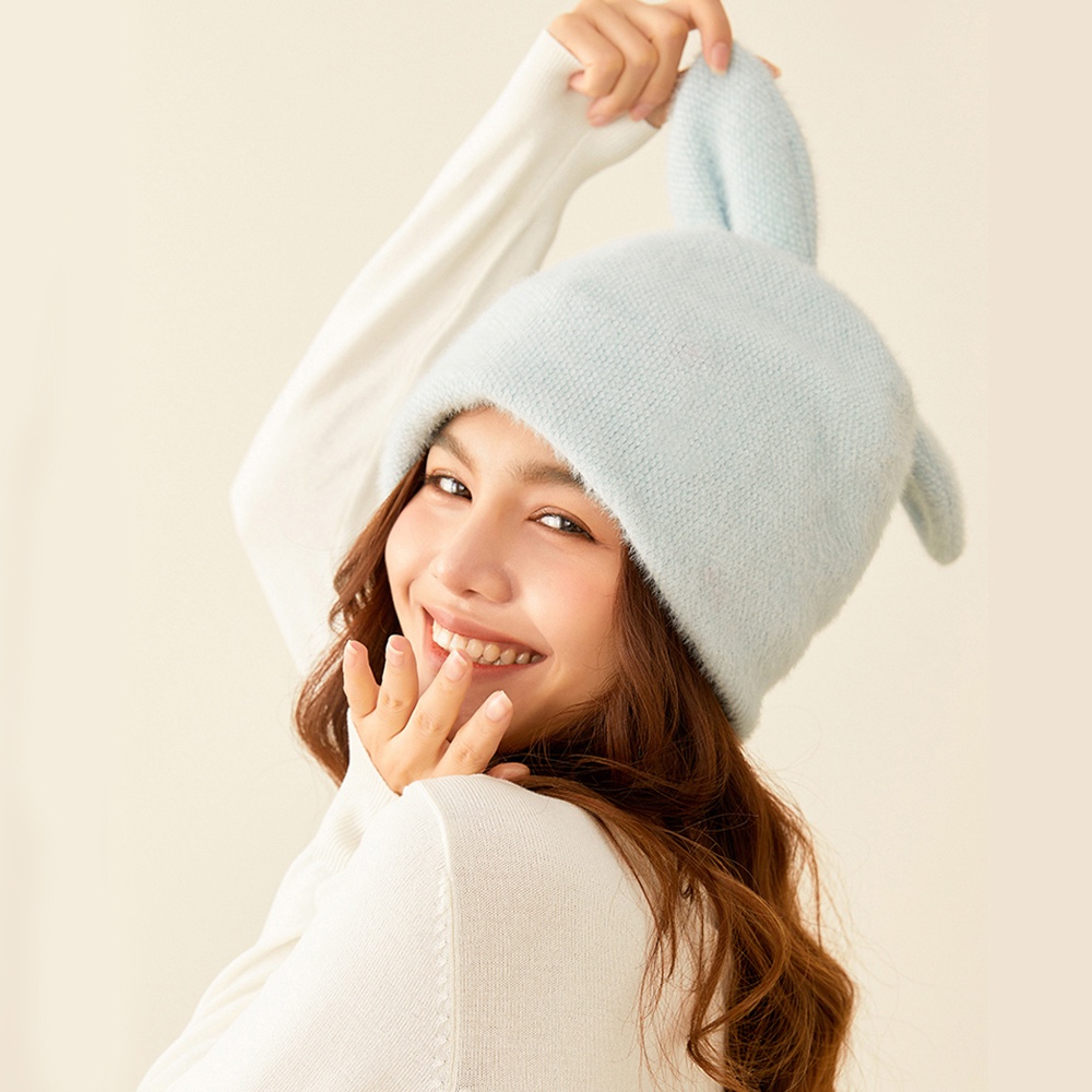 Mũ trùm đầu OHSUNNY len thiết kế tai thỏ giữ ấm thời trang xuân thu dễ phối đồ đáng yêu