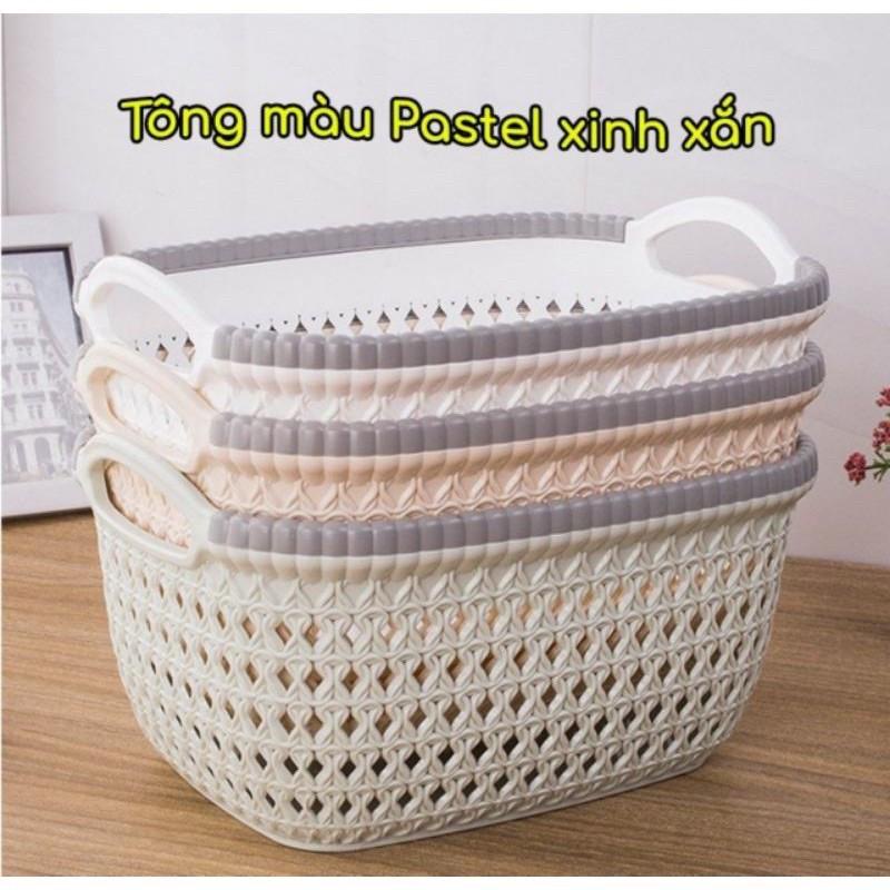 Rổ nhựa giả đan mây có quai cầm Việt Nhật - Giỏ hoa Việt Nhật 2 size màu pastel dày dặn, xinh xắn