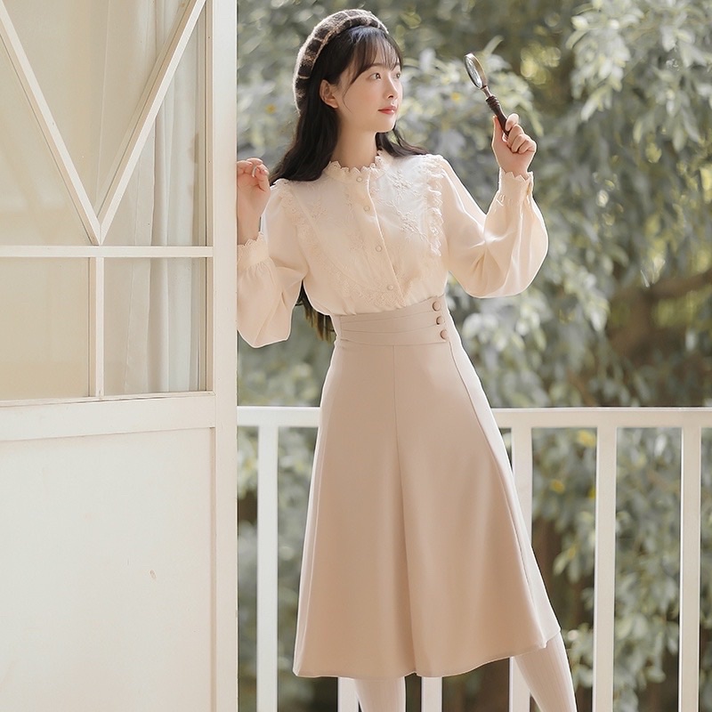 Chân Váy Công Sở Xoè Phối Cúc Đai Trẻ Trung, Chân Váy Công Sở Nữ