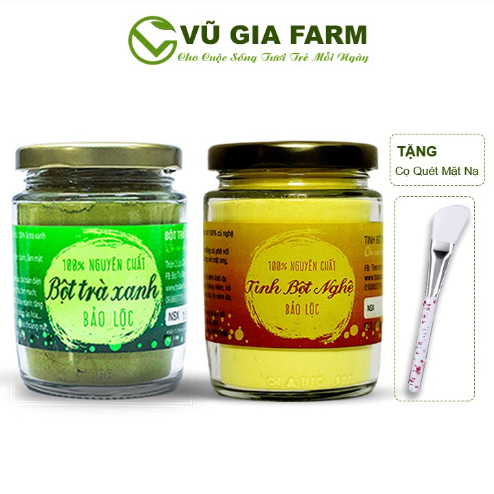 Combo Bột Trà Xanh + Tinh Bột Nghệ - Nguyên Chất Vũ Gia (100g/ hũ) + Tặng Cọ Quét Silicon