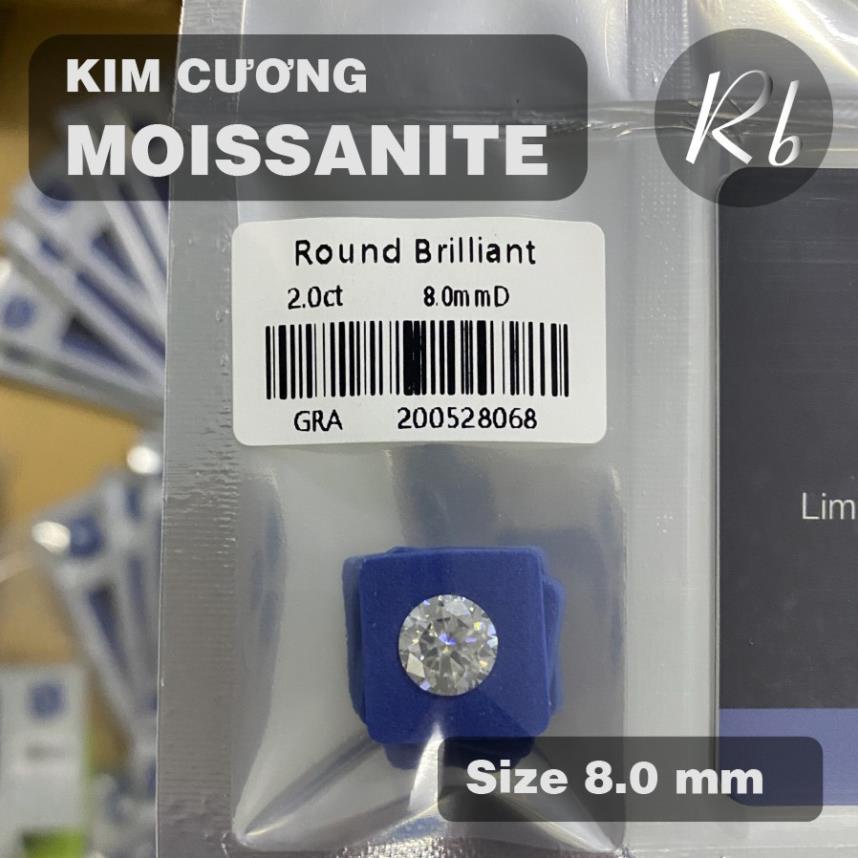 Kim Cương Nhân Tạo Moissanite 8.0mm, Nước D, Độ Sạch FL, Kiểm Định GRA, Tiêu Chuẩn U.S.A
