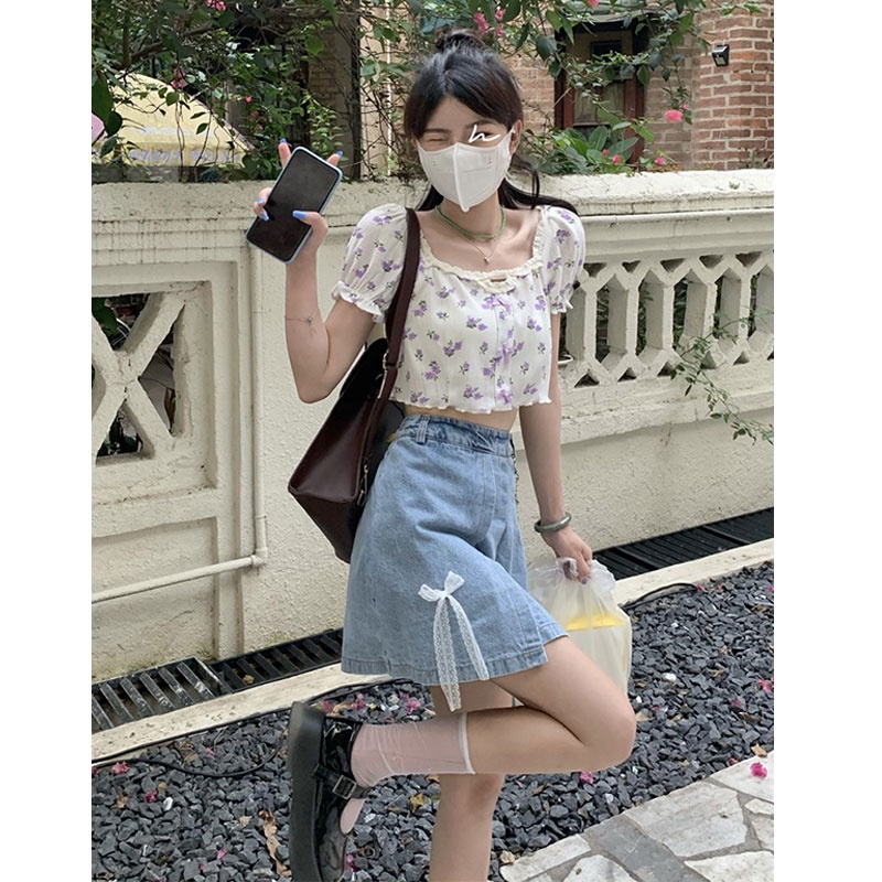 Chân váy jean XIAOZHAINV dáng chữ A lưng cao xếp ly thời trang Hàn Quốc cho nữ