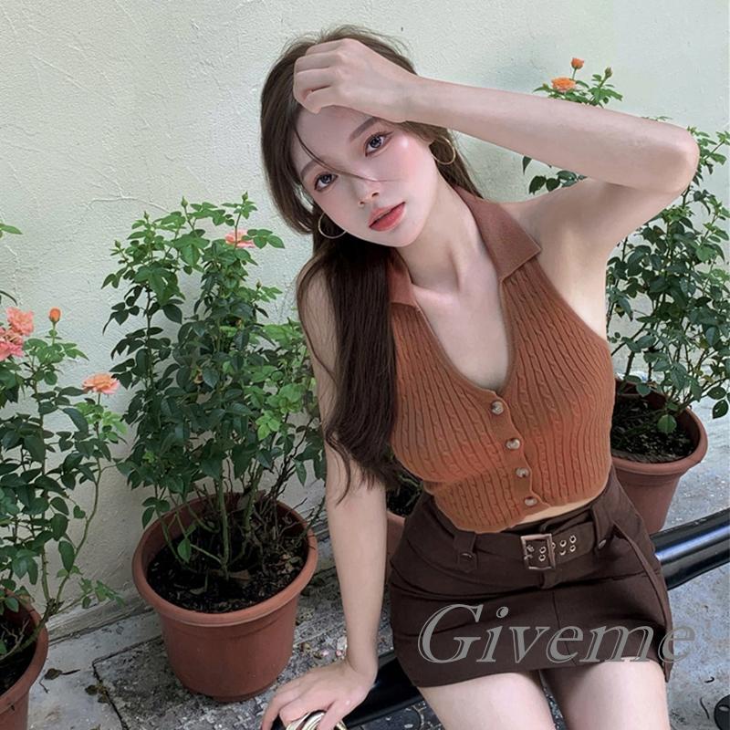 Áo Croptop Dệt Kim Hai Dây Cổ Chữ V Màu Trơn Cài Nút Thời Trang Mùa Hè Cho Bạn Gái