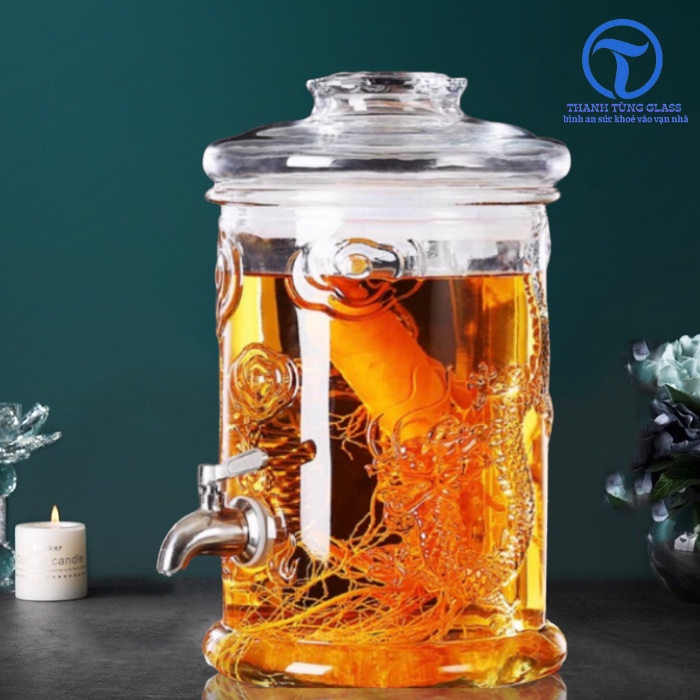 BÌNH NGÂM RƯỢU THỦY TINH DÁNG TRỤ CÓ HOA VĂN RỒNG 6Lít