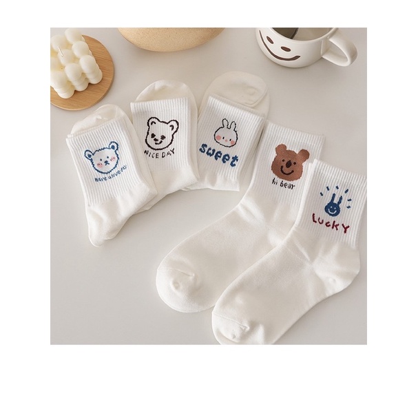 Set tất cổ cao hình gấu siêu cute, Tất trắng cổ cao đáng yêu kèm chữ và hoạ tiết hình gấu