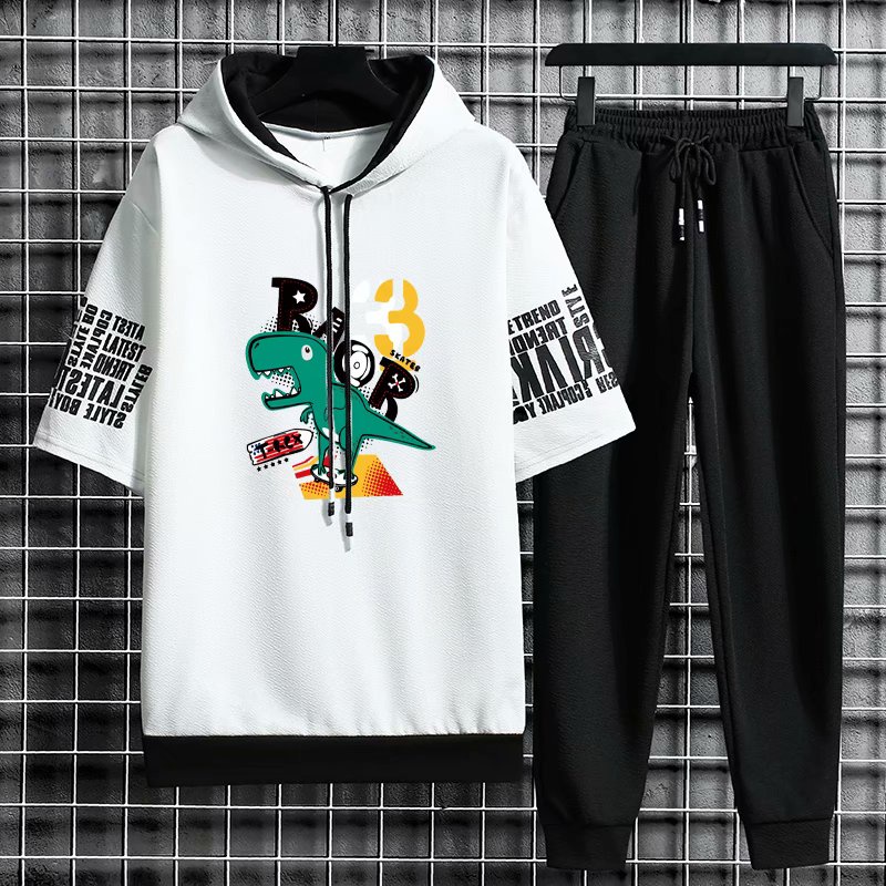 Set áo hoodie tay ngắn + quần dài phong cách Hàn Quốc cho nam size M-3Xl in hình khủng long hoạt hình thể thao