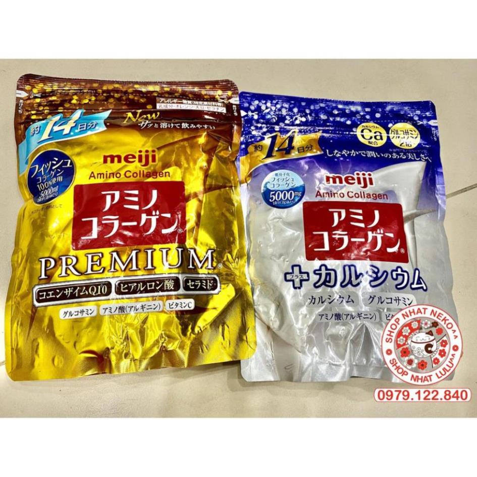 Bột uống bổ sung Collagen Meiji hồng/ vàng premium/ xanh thêm ca canxi Nhật bản