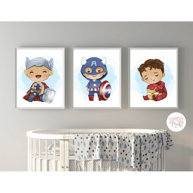 Tranh Bộ 3 Siêu Anh Hùng Thor-Iron Man-Captain America Cực Kỳ Cute-Tranh Canvas Khung Hình 3D Nhiều Kích Thước Khác Nhau