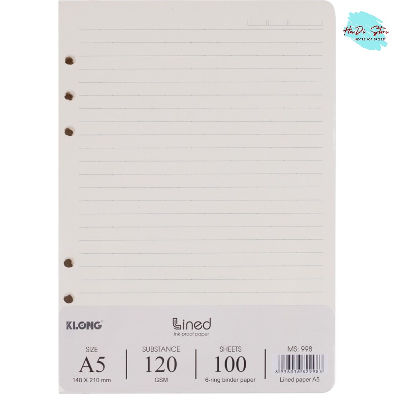 [HADI] KLONG Ruột sổ LINED kẹp còng size A5 dày 120GSM - 100 tờ (MS:998)