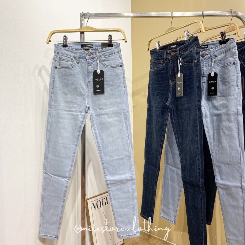 Quần jean nữ skinny trơn lưng cao tôn dáng màu cơ bản co giãn tốt phom 9 tấc chuẩn dáng hàng hiệu cao cấp MIXX STORE