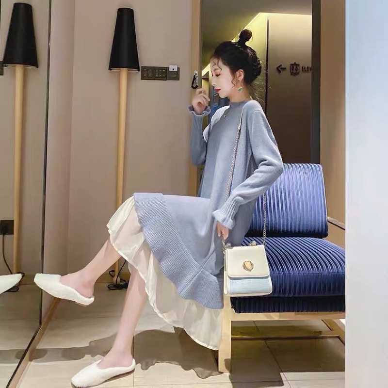 Đầm len dệt kim dáng dài xoè chân voan thả sức dịu dàng