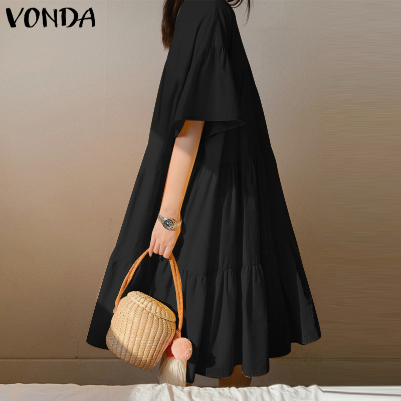 Đầm Tay Ngắn VONDA Màu Trơn Thiết Kế Dáng Rộng Phong Cách Hàn Quốc | BigBuy360 - bigbuy360.vn