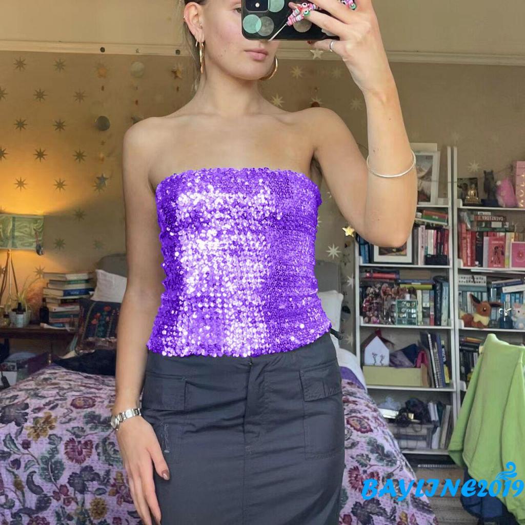 Bay-female Áo Hai Dây Không Tay Đính Kim Sa Đơn Giản Màu Bạc Mùa Hè Size S / M / L / XL