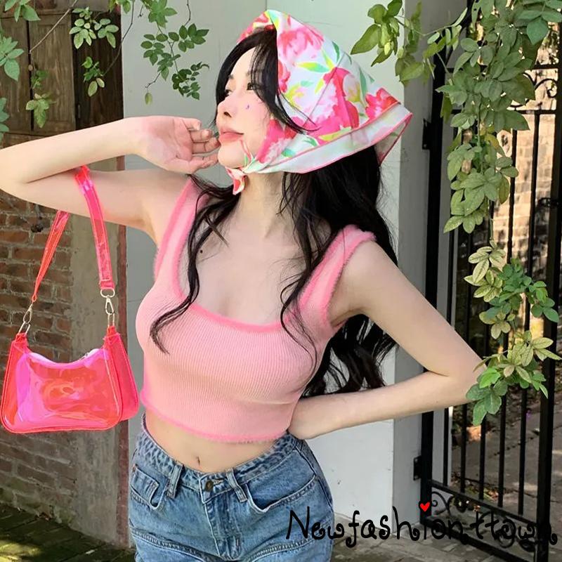ღtwღWomen Summer Crop Tops, Plush Hem Decor Ribbed Bottoming Sleeveless Elastic U-neck Camisole