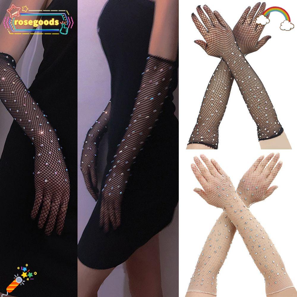 Rose Găng Tay Lưới Rỗng Co Giãn Đính Đá Lấp Lánh Nhiều Màu Sắc Phong Cách Hip Hop Cho Nữ Biểu Diễn Sân Khấu