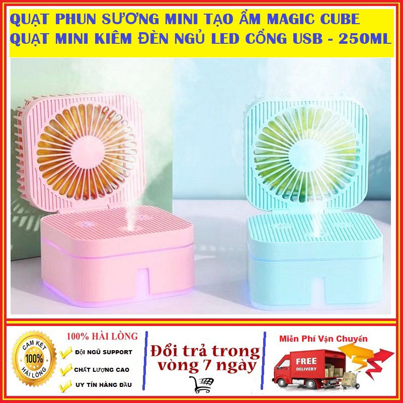 Quạt phun sương mini để bàn gấp gọn kiêm đèn ngủ Magic Cube 3 tốc độ tiện lợi hơn quạt mini cầm tay, quạt tích điện 3W