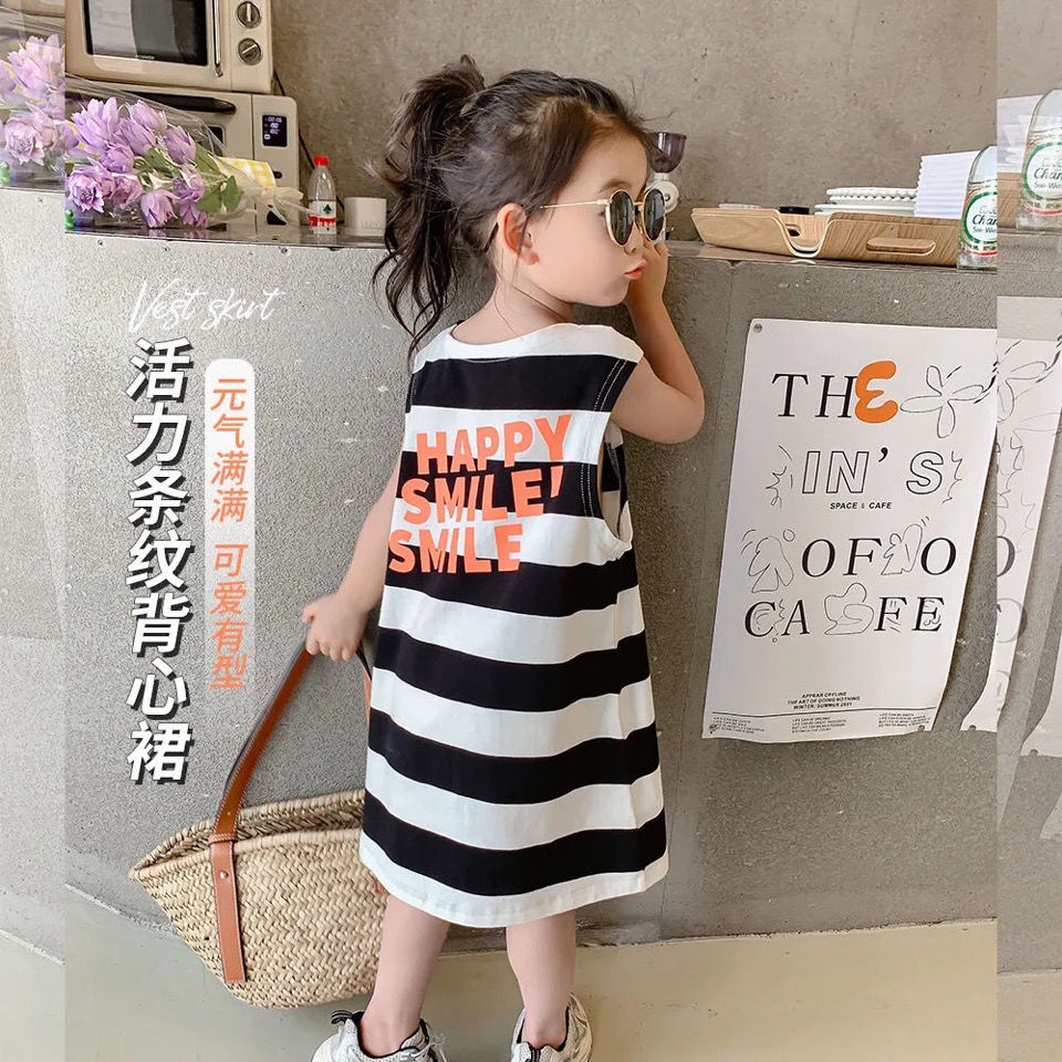 Đầm Thun Cotton Dáng Suông Sát Nách Kẻ Sọc In Họa Tiết Hoạt Hình Kiểu Hàn Quốc Thời Trang Mùa Hè Cho Bé Gái