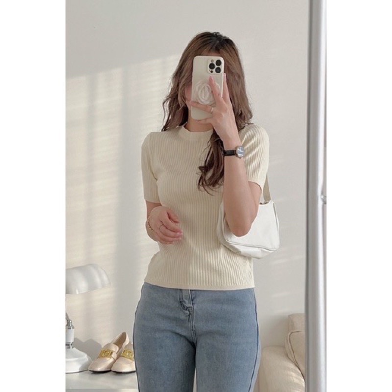 Áo len đũa cổ tròn tay ngăn basic