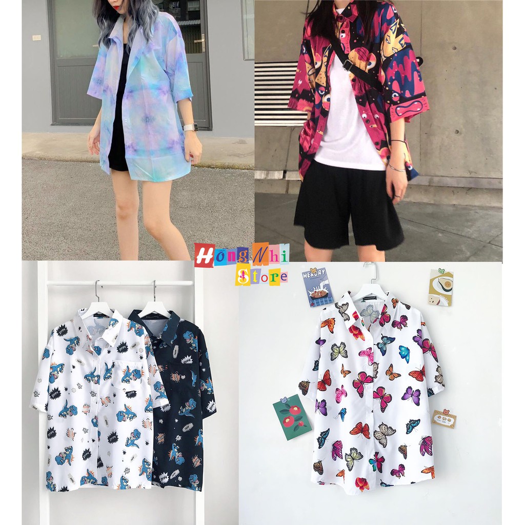 Áo Sơ Mi Họa Tiết Hoạt Hình Tay Lỡ Dáng Rộng Ulzzang Unisex, Sơ Mi Đi Biển - MM