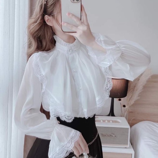 Áo sơ mi nữ tay phồng tiểu thư phối ren họa tiết kiểu hàn quốc màu trắng kem - Áo sơ mi kiểu nữ tay dài bồng mặc công sở