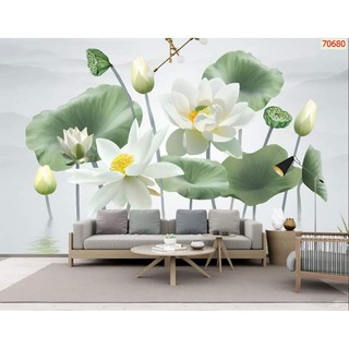 tranh 3d dán tường in Vải Lụa tranh hoa sen trắng 120x80cm