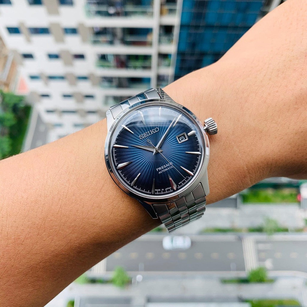 Đồng hồ Nam Seiko cơ tự động Presage Cocktail, kính cong Hardlex, dây thép không gỉ SRPB41J1