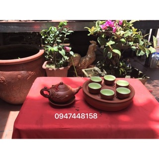 Bộ ấm trà tử sa đắp nổi sen kèm khay tròn
