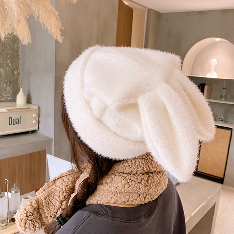 Mũ Beret Màu Trơn Đính Tai Thỏ Dễ Thương Phong Cách Hàn Quốc