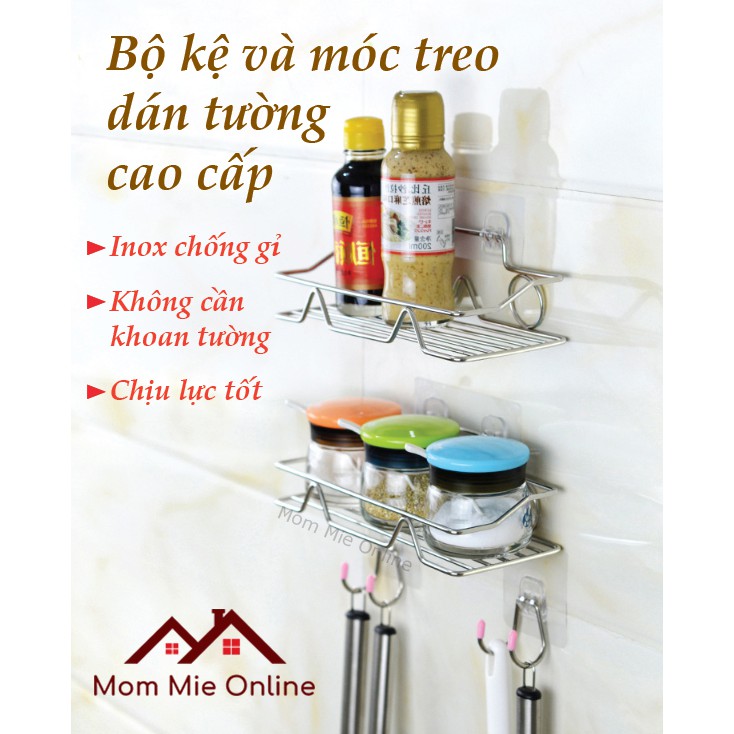 [Inox cao cấp] Bộ 2 kệ inox và 4 móc treo dán tường nhà tắm, nhà bếp cao cấp - Q005