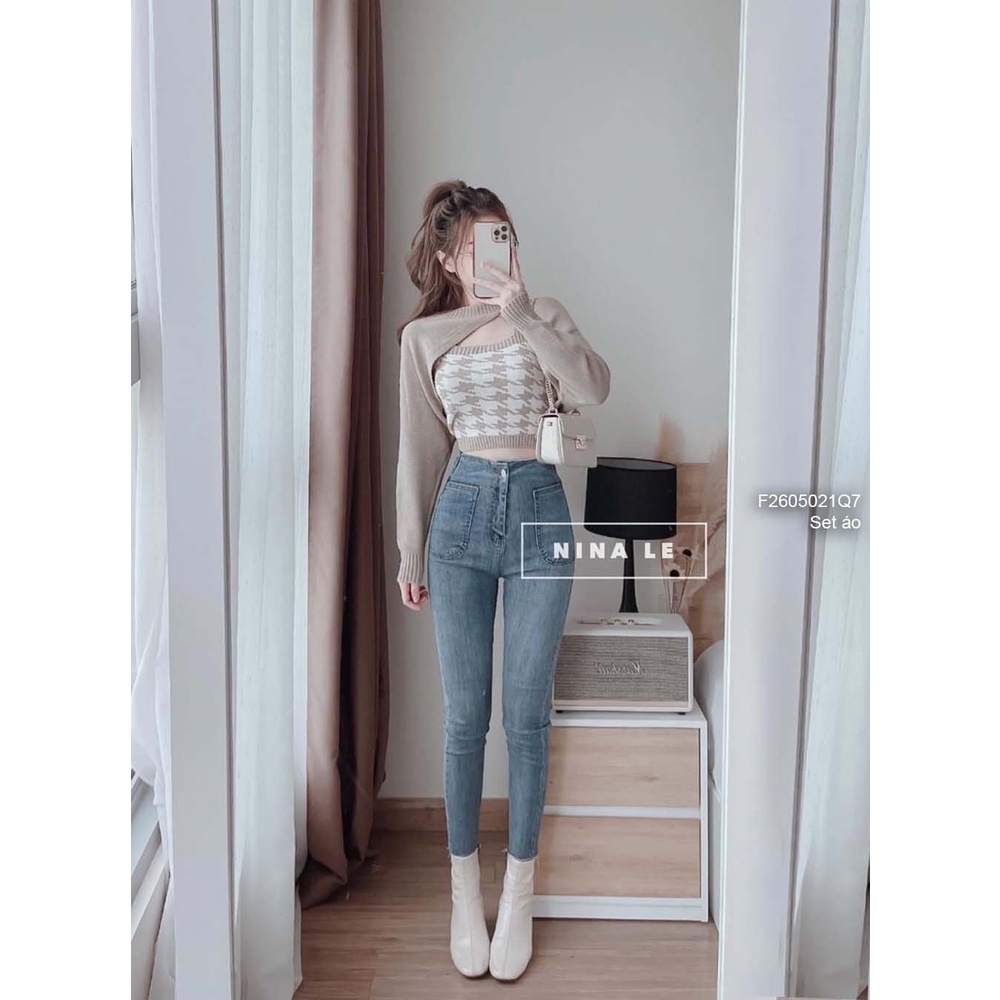 Set cặp len áo croptop họa tiết ziczac phối áo kiểu khoét trước tay dài hàng QC!