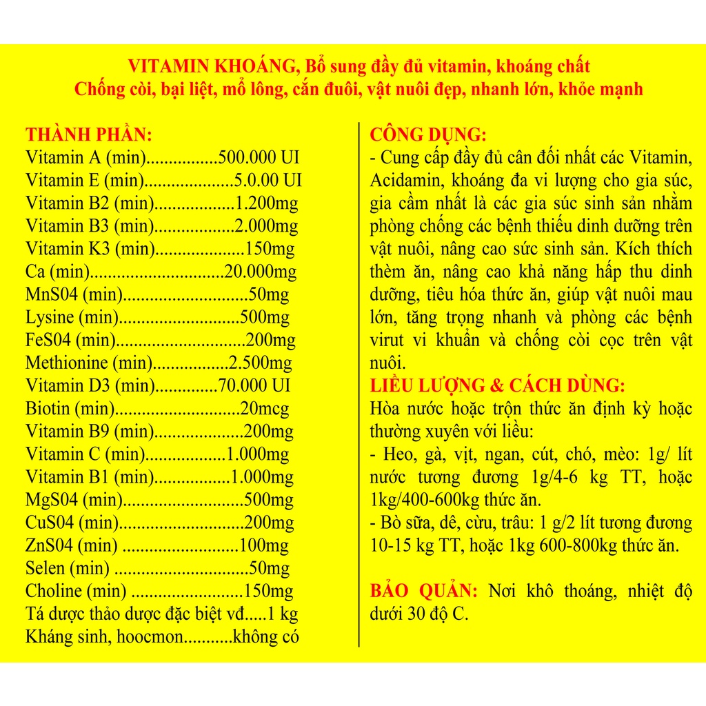 1 gói VITAMIN KHOÁNG 200g Chuyên dùng cho gia súc, gia cầm, chó, mèo