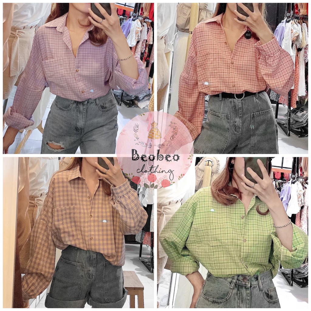 Áo sơ mi oversize sọc caro 4 màu pastel tay phồng