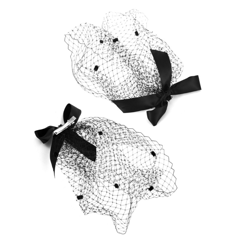 Kẹp Tóc Vải Lưới Satin Màu Đen Đính Nơ Phối Ren Xinh Xắn Cho Nữ