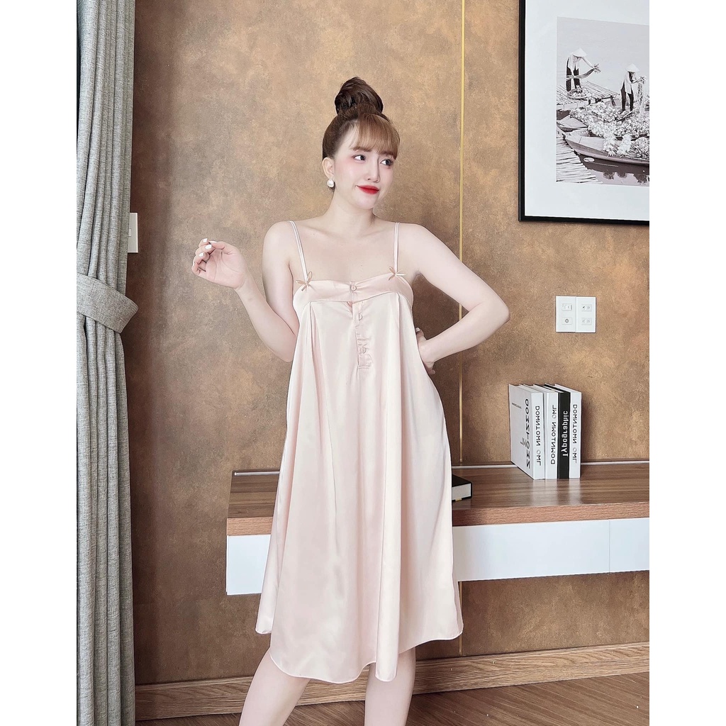 Đầm ngủ 2 dây, váy ngủ gợi cảm, đồ ngủ mặc nhà chất lụa latin cực mát, mịn có nút gài kèm nơ mặc nhà thoải mái [DN64]