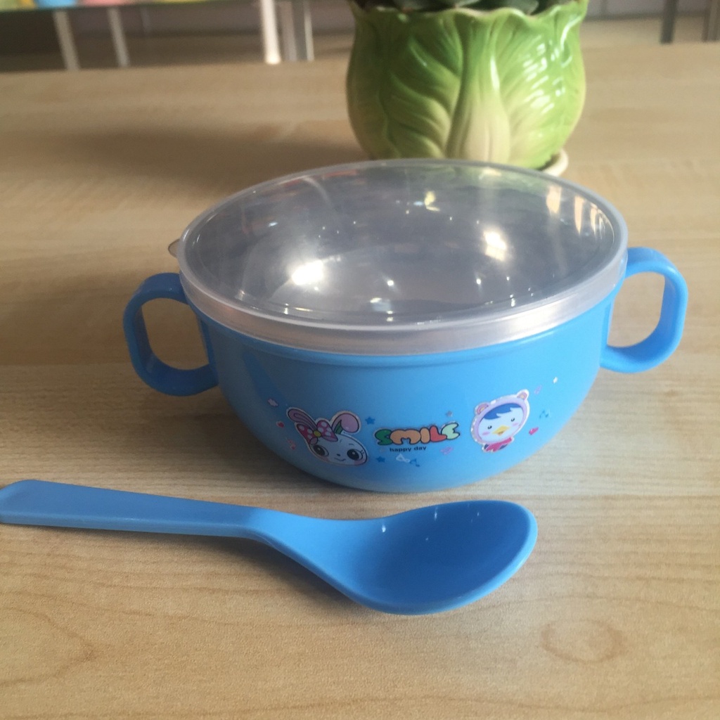 Bát Ăn Dặm Inox 2 lớp Cách Nhiệt Cho Bé Có Tay Cầm Nắp Đậy Kèm Thìa Muỗng, Chén ăn cháo, Bát Ăn Cơm