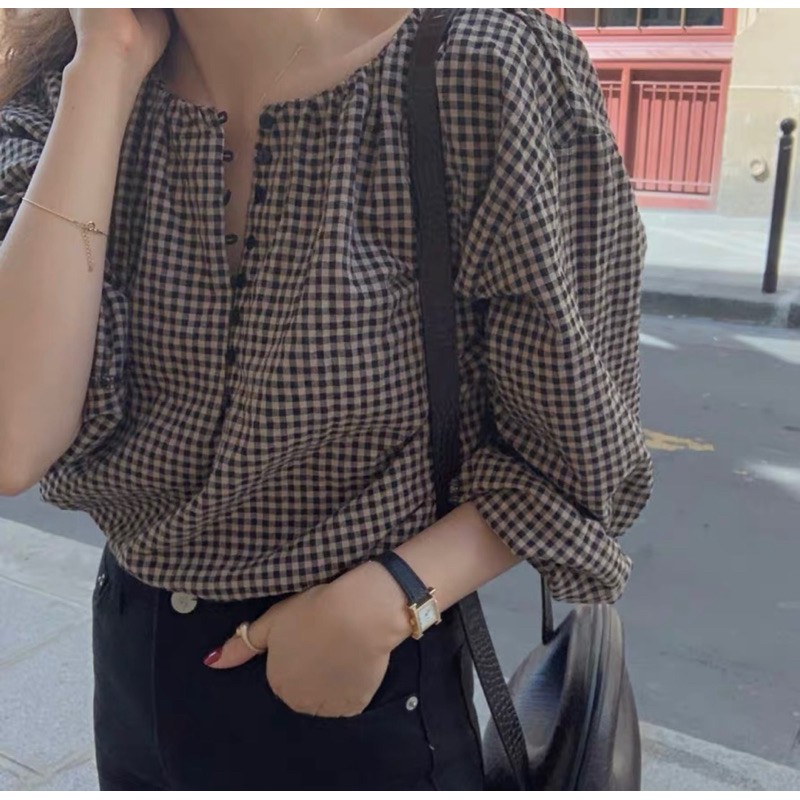 Áo sơ mi nữ tay dài caro VNXK