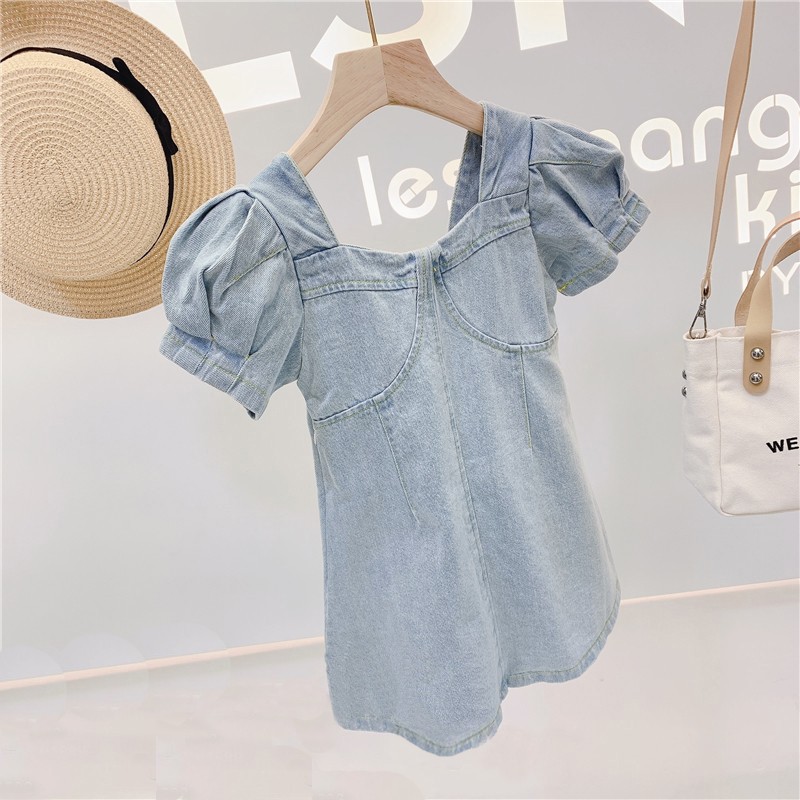 Mới Đầm Denim Tay Phồng Ngắn Cổ Chữ U Màu Xanh Dương Thời Trang Mùa Hè Cho Bé Gái