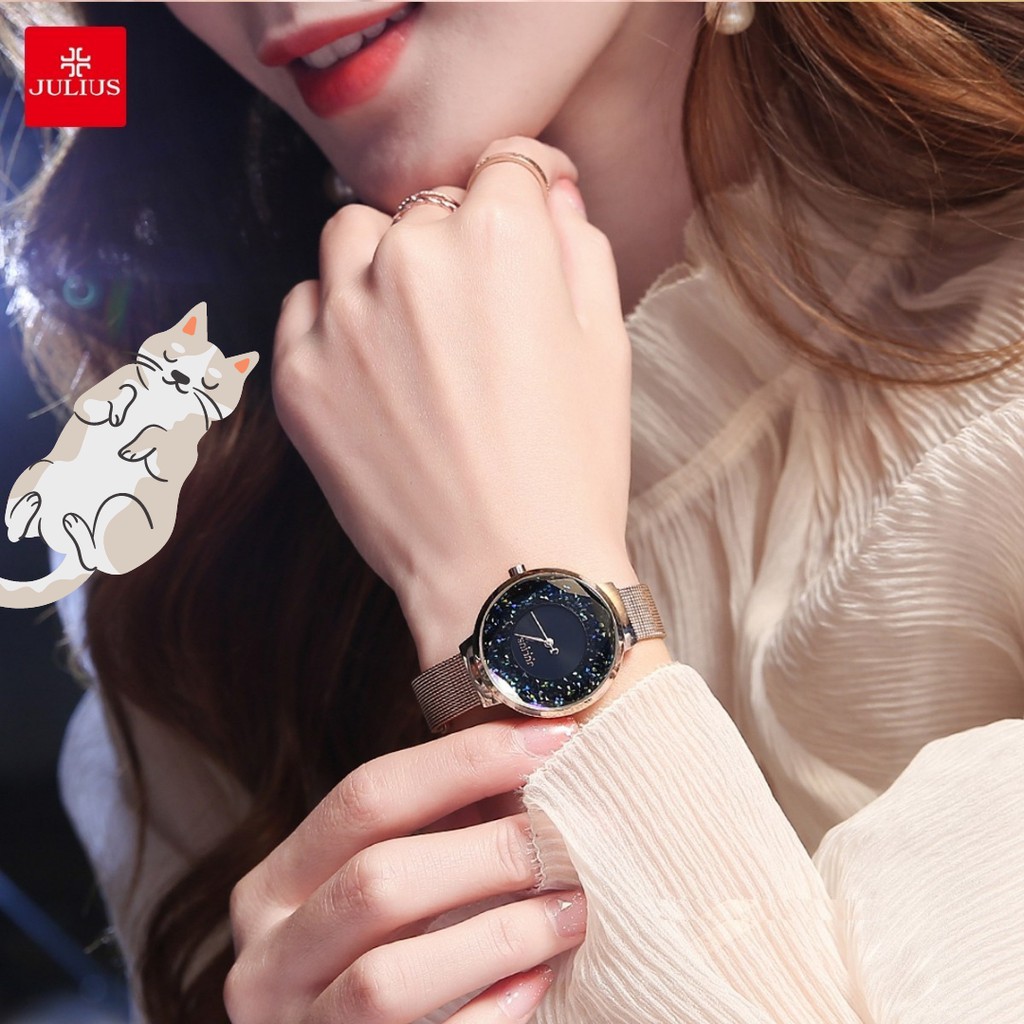 Đồng hồ nữ JA-1111E JULIUS Hàn Quốc dây thép (đồng mặt đen)