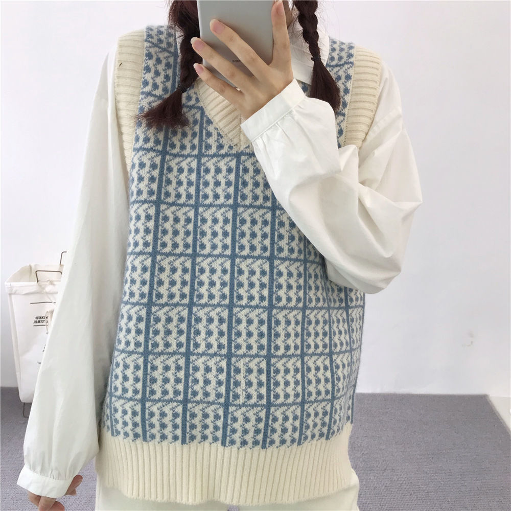 Áo khoác ghi lê dệt kim cổ V sọc caro thời trang Hàn Quốc cho nữ