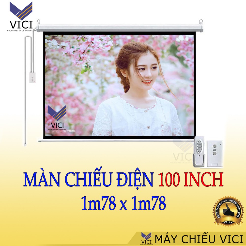 Màn chiếu điện 100inch - 1m78 x 1m78. Vải màn có tính chống mốc cao, thiết kế sang trọng, lắp đặt dễ dàng