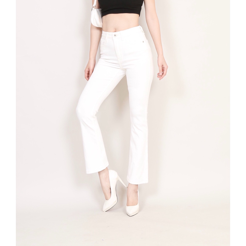Quần Jean Nữ Ống Loe Đen Trắng Cạp Cao Vải Xuất Xịn Co Giãn Gấu Thường CT Jeans