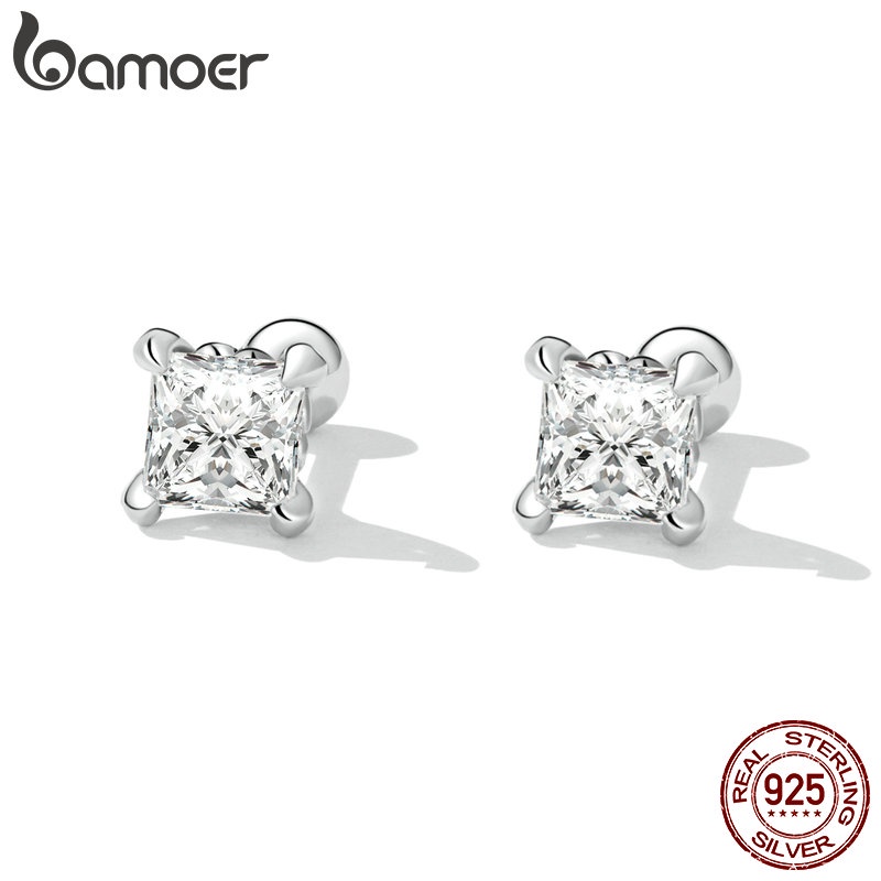 Bông tai BAMOER bằng bạc 925 hình vuông đính đá zircon thời trang