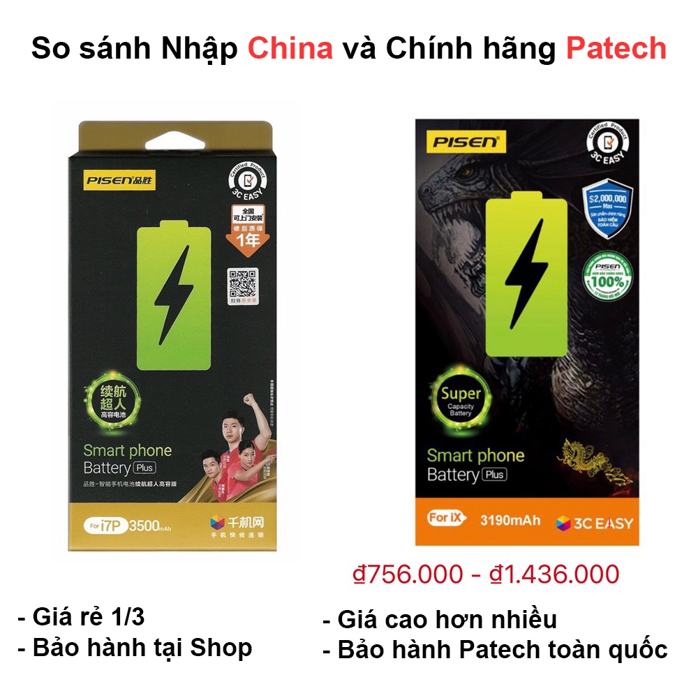 Pin IPhone PISEN dung lượng Siêu cao Siêu Trâu Iphone 6 6s 6Plus 6SPlus 7 7Plus 8 8Plus X Chính hãng 3C EASY
