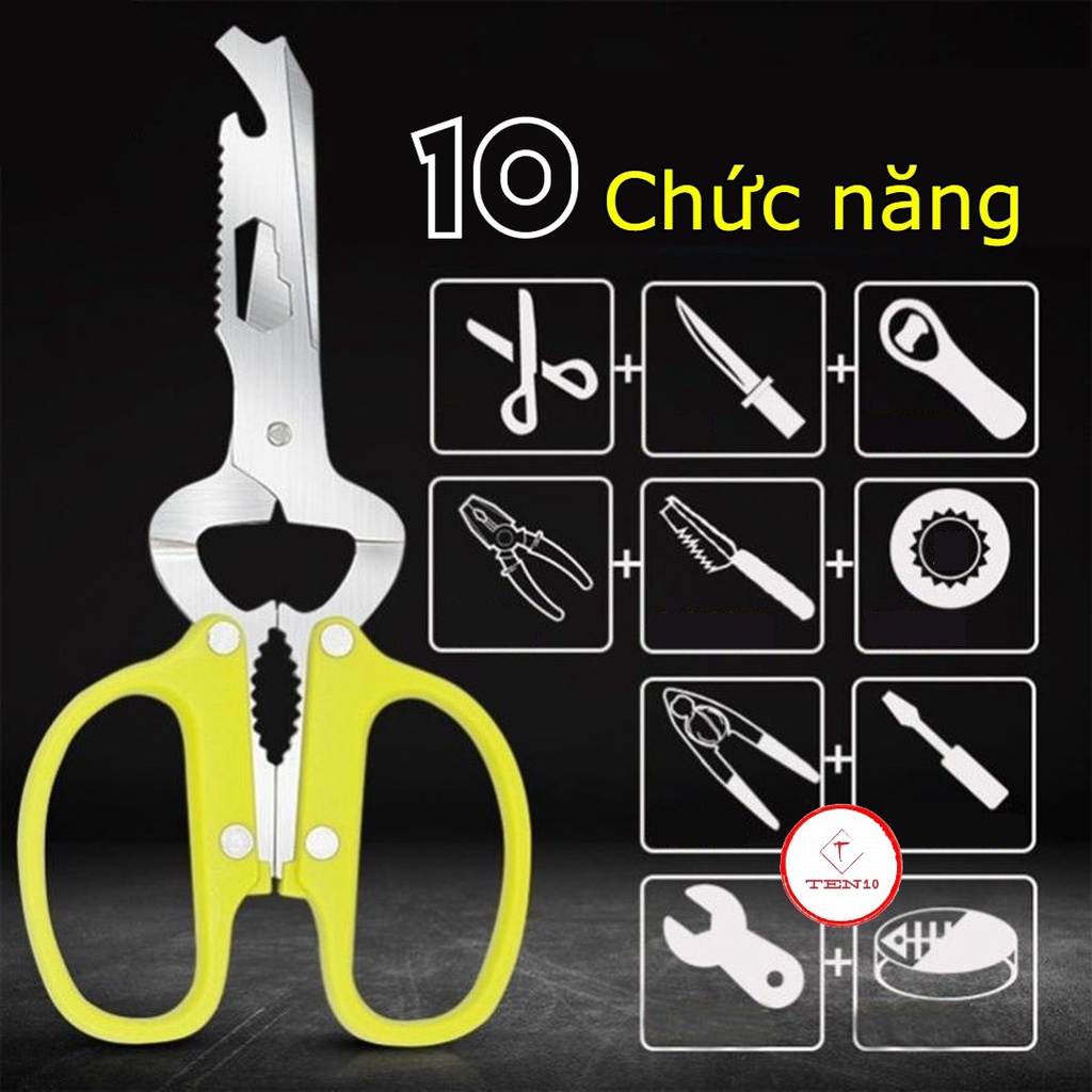 Kéo nhà bếp cắt gà đồ ăn Nhật Bản 10 chức năng bằng thép không gỉ cao cấp có thể tháo rời mở nắp chai, tua vit, Cờ lê