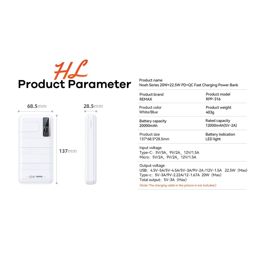 Pin Dự Phòng Remax RPP-316 20000mAh - Sạc Nhanh QC 22.5W, PD 20W, VOOC 2.0 - BH 12 Tháng - Hunglongpc