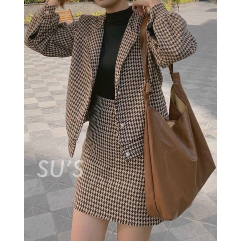 Set áo dạ tweed kẻ caro kèm chân váy chữ A  kiểu hàn cao cấp thời trang nữ 2021 phong cách Yohamy