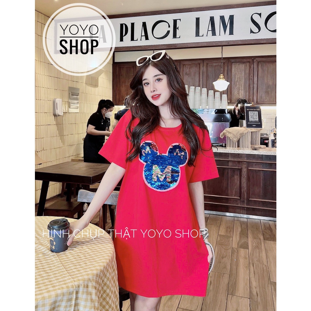 Áo đầm nữ thun thái phom rộng dấu quần tay lỡ form dưới 70kg đầu chuột màu đen