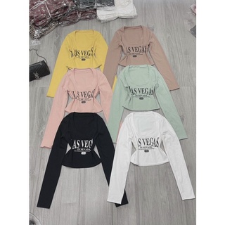 Áo thun body tay dài cổ U Croptop phối chữ Las Vegas