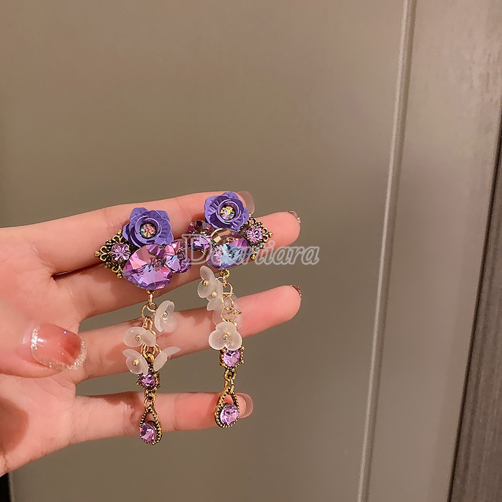 Bông Tai Hình Hoa Tím Đính Đá Pha Lê Phong Cách Retro Dễ Phối Đồ Thời Trang Cho Nữ