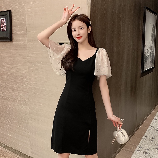 Đầm PERTY tay ngắn cổ chữ V thời trang Hàn Quốc xinh xắn dành cho nữ